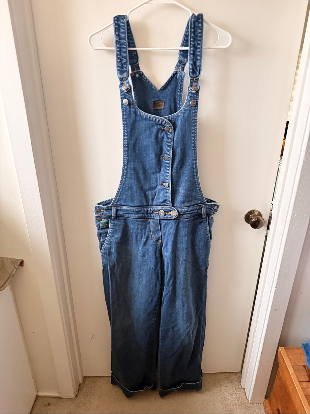 Vintage Oakley Y2K Button Front Denim Overalls Sweetheart Bib Wide Leg L